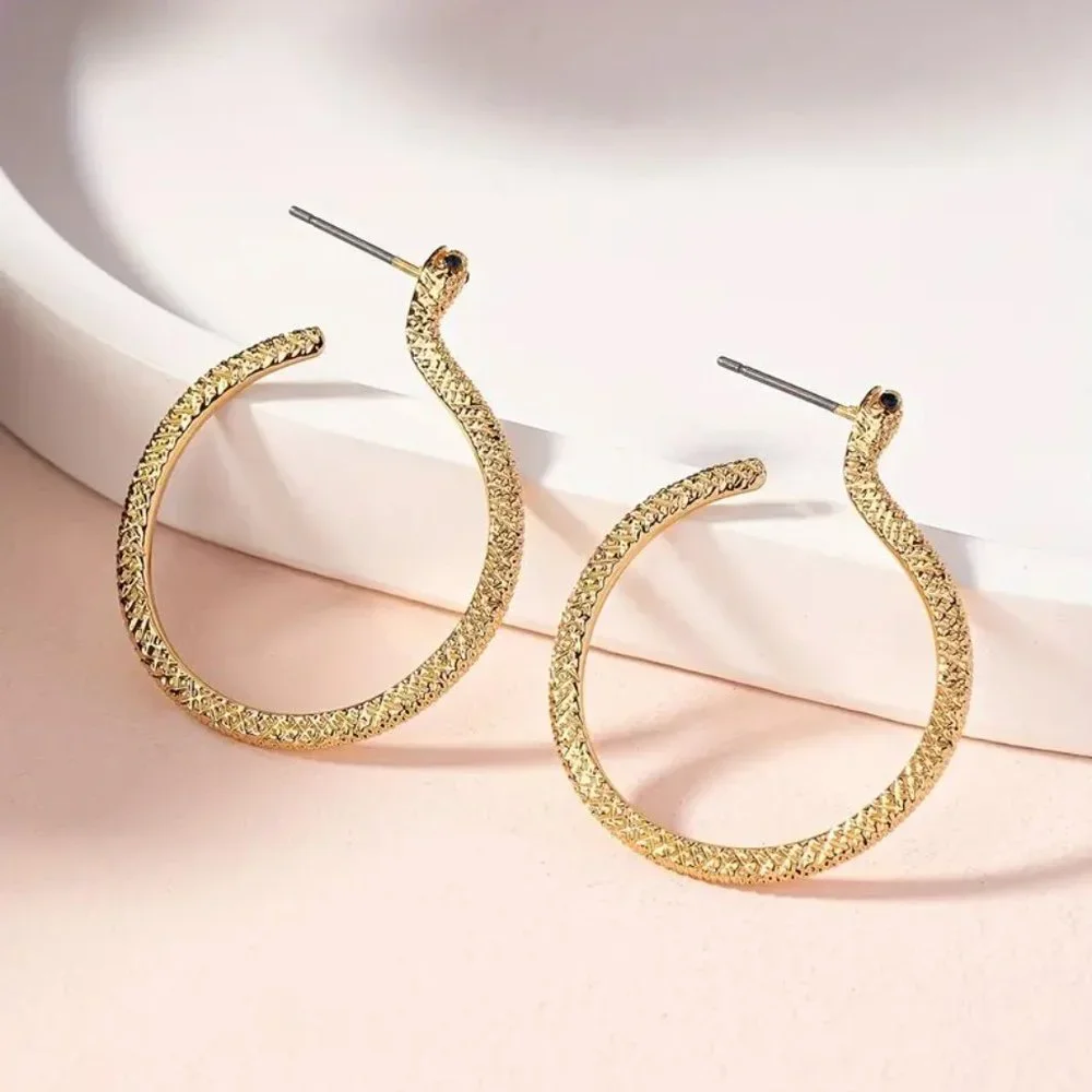 Gold Serpent Snake Blue Rhinestone Eyes Hoop Earrings NEW - Picture 5 of 7